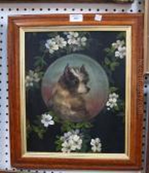 Tondo Portrait Of A Terrier Dog Within A Floral Background Oil Painting by George Armfield