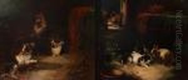 Three Dogs In An Interior Oil Painting by George Armfield