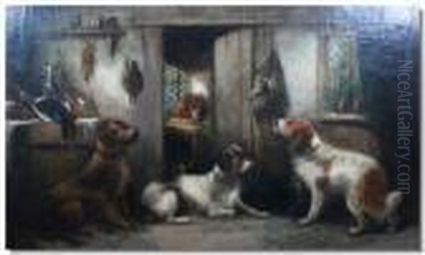 Dogs In A Cottage Interior With Dead Game Oil Painting by George Armfield