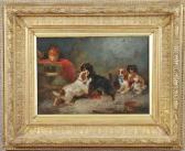 Four Dogs At Play In Cottage Interior Oil Painting by George Armfield