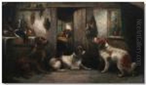 Dogs In A Cottage Interior Oil Painting by George Armfield