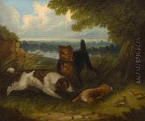 Terrier And Spaniel Seeking Out A Hare Oil Painting by George Armfield