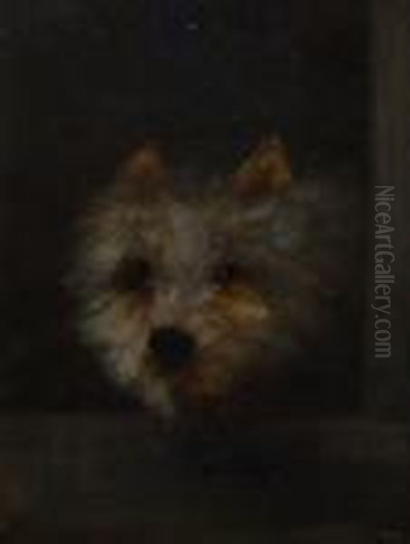 A Terrier Dog At Kennel Entrance Oil Painting by George Armfield