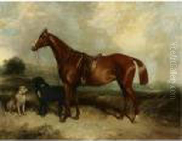 A Chestnut Horse And Two Dogs In A Landscape Oil Painting by George Armfield