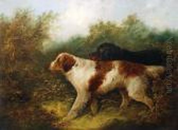 Two English Setters In A Landscape Oil Painting by George Armfield