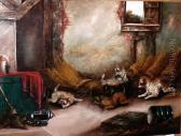 Terriers Ratting In A Stable Oil Painting by George Armfield