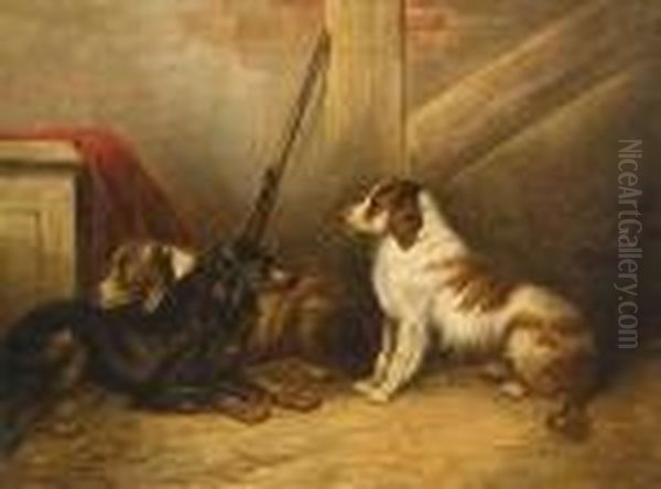 Spaniels In A Barn Oil Painting by George Armfield