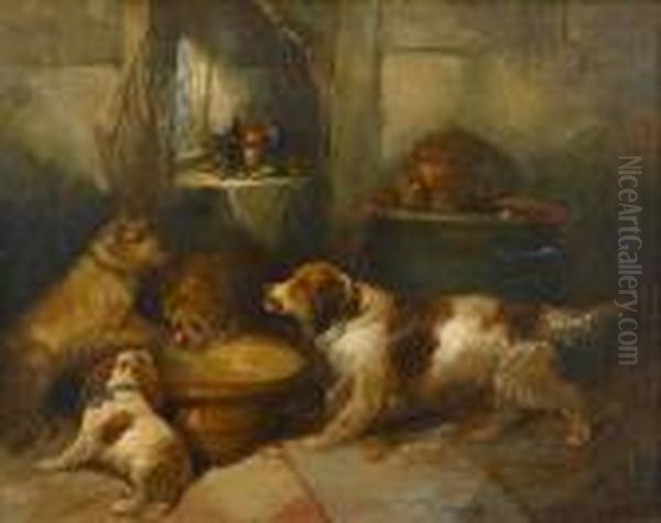 Dogs Gathered Around A Bowl Oil Painting by George Armfield