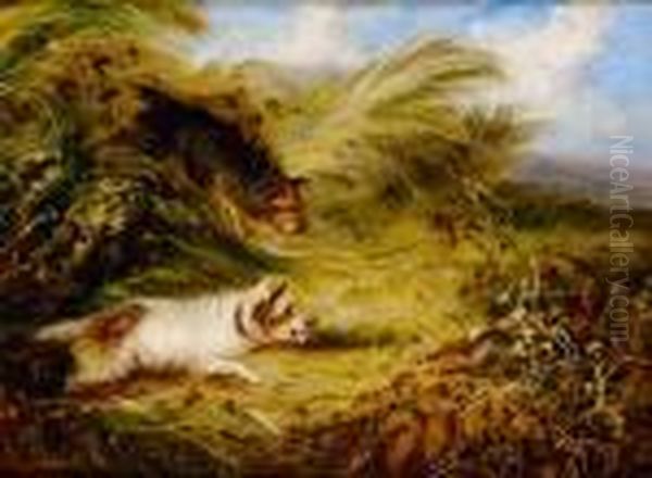 Two Terriers Chasing A Rabbit Oil Painting by George Armfield