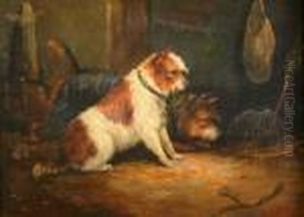 Two Terriers In Abarn Interior With A Rat Caught In A Trap Oil Painting by George Armfield