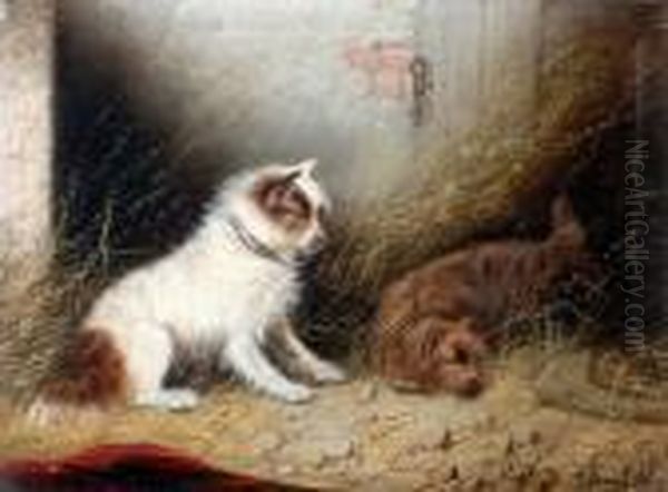 Arnfield Two 'caught At Last' Ferriers, And A Caged Rat, Signed Oil On Canvas, 31x41cm Oil Painting by George Armfield