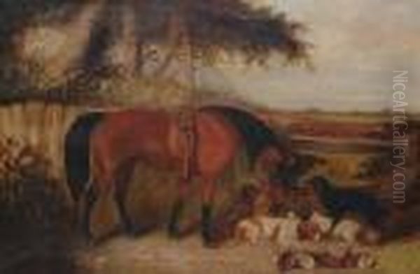 After A Days Shooting; A Chestnut Hunter And Dogs Before A Stable. Oil Painting by George Armfield