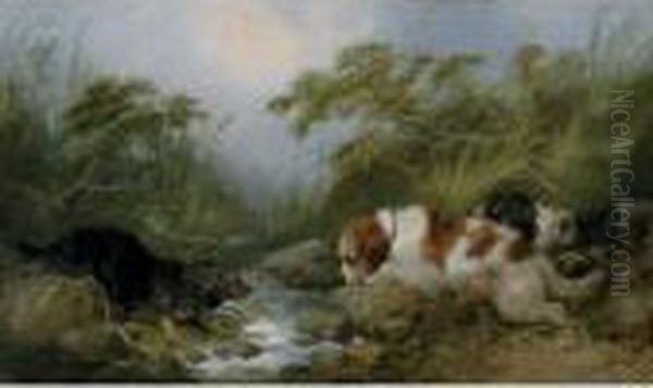 Three Dogs By A Brook Oil Painting by George Armfield