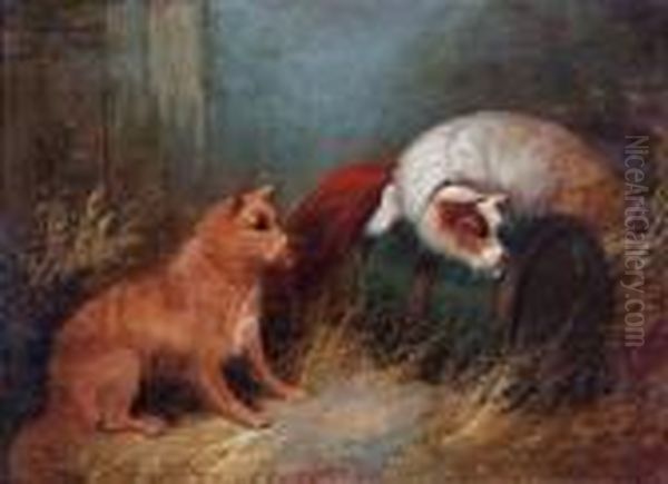 Two Terriers In A Stable Oil Painting by George Armfield