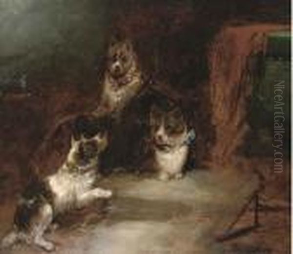 Terriers In A Barn; And A Fox And Rabbits In A Barn Oil Painting by George Armfield