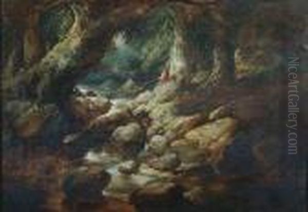 An Angler Fishing At A Rushing Brook Oil Painting by George Armfield