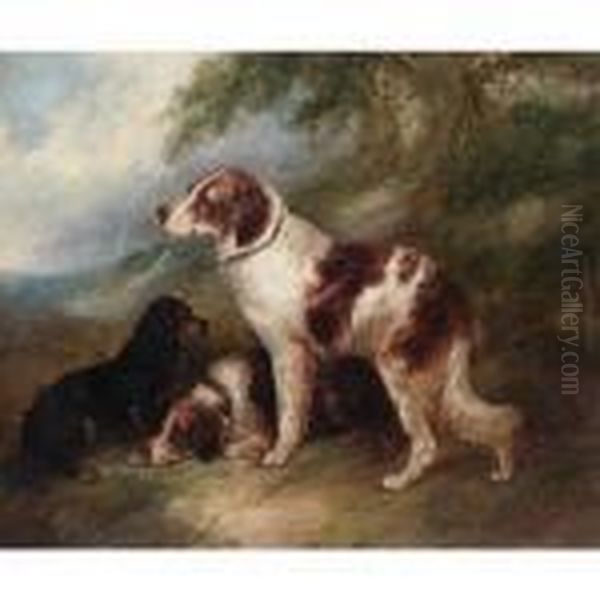 Three Spaniels In A Landscape Oil Painting by George Armfield