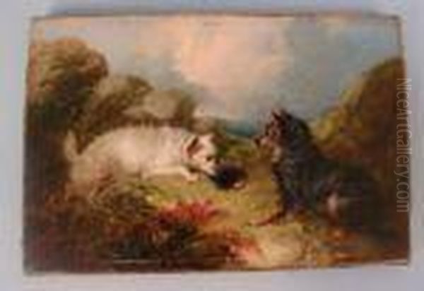 Two Terriers At A Rabbit Hole Oil Painting by George Armfield