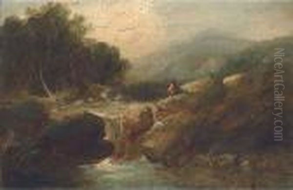 An Angler In A River Landscape Oil Painting by George Armfield