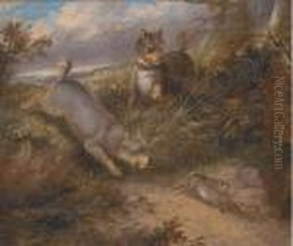 Terriers Chasing A Rabbit Oil Painting by George Armfield