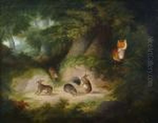 A Fox Watching Rabbits Oil Painting by George Armfield