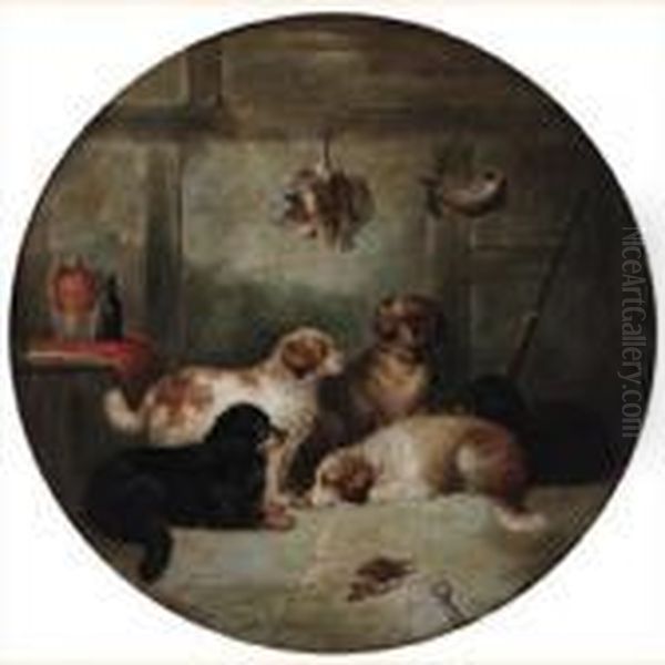 Gun Dogs In An Interior Oil Painting by George Armfield