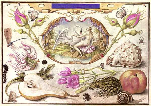 Leda and the Swan, surrounded by flora and fauna including a Stargazer Lily (Lilium 'Stargazer'), a Common Lizard (Lacerta vivipara), a Common Pear Oil Painting by Joris Hoefnagel