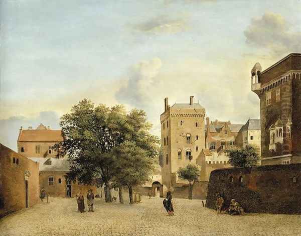 View of a Small Town Square c. 1660 Oil Painting by Jan Van Der Heyden