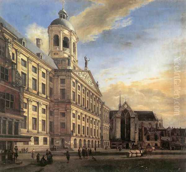 Amsterdam, Dam Square with the Town Hall and the Nieuwe Kerk 1667 Oil Painting by Jan Van Der Heyden