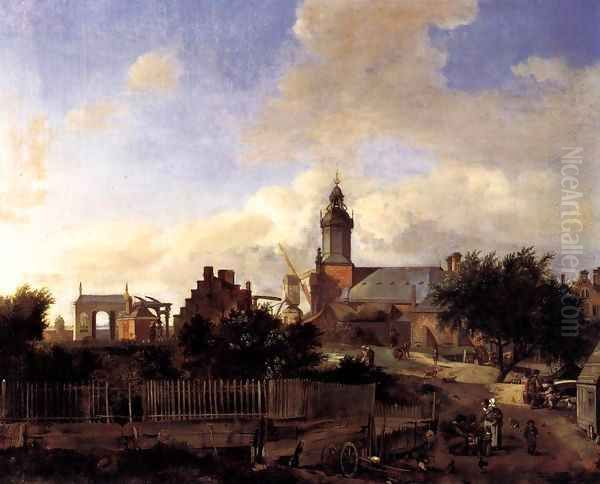 Amsterdam Street before Haarlem Tower Oil Painting by Jan Van Der Heyden