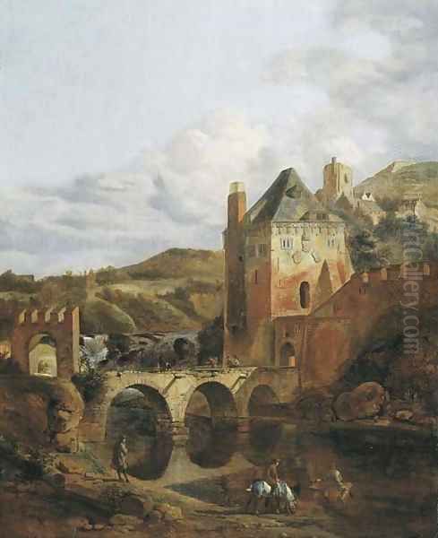 A river landscape with a fortified castle and a bridge Oil Painting by Jan Van Der Heyden