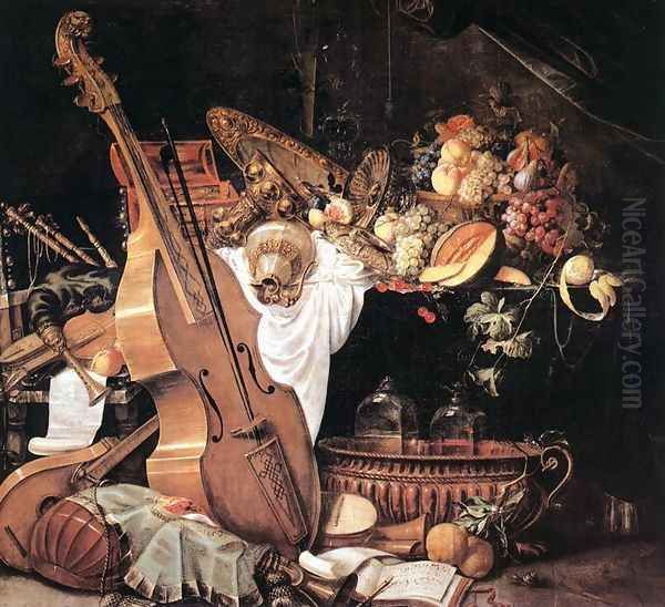 Vanitas Still-Life with Musical Instruments, 1661 Oil Painting by Cornelis De Heem