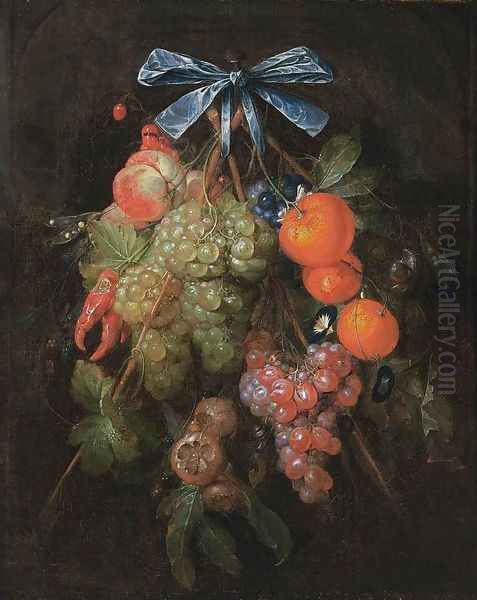 Festoon with Fruit and Flowers 1650s Oil Painting by Cornelis De Heem