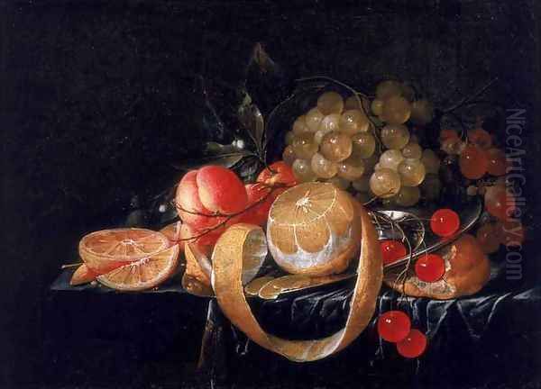 A Still Life with a lemon grapes cherries and apricots on a pewter plate Oil Painting by Cornelis De Heem