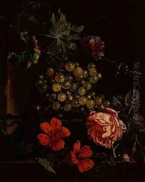 Grapes and flowers with beetle, snail and lizard Oil Painting by Cornelis De Heem