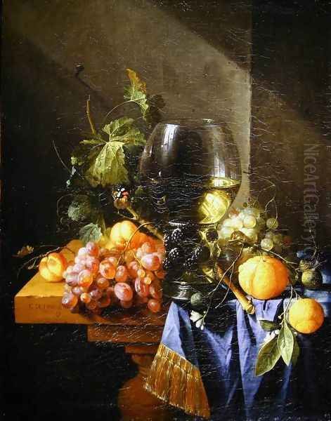 Still life with wine and grapes Oil Painting by Cornelis De Heem