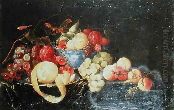 Still Life with Fruit in Delft Bowl Including a Peeled Orange Oil Painting by Cornelis De Heem