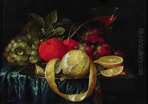 A peeled lemon, oranges, grapes on a pewter plate, and a Facon-de-Venice wineglass on a draped table Oil Painting by Cornelis De Heem