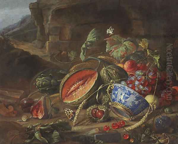 Melons, peaches, grapes, cherries and other fruits, with a wan-li porcelain bowl with gilt mount, insects and butterflies, in a landscape Oil Painting by Cornelis De Heem