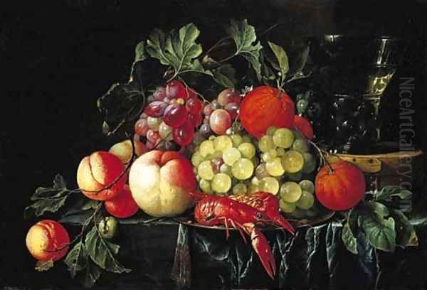 Peaches, oranges, grapes on the vine and crayfish on a pewter plate, with a roemer on a box on a partly draped stone ledge Oil Painting by Cornelis De Heem