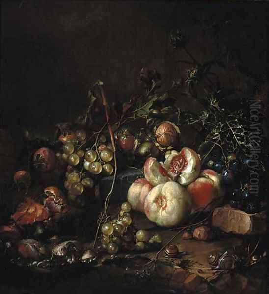 Peaches, grapes, walnuts, mushrooms, snails and a thistle, on a river bank Oil Painting by Cornelis De Heem