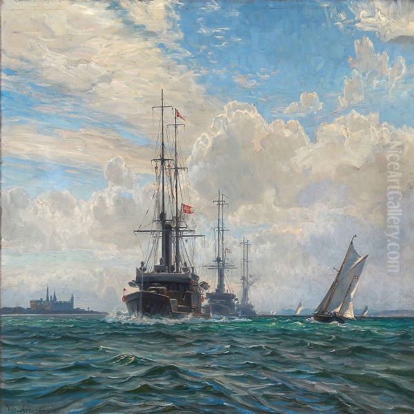 Warships Convoy Near Kronborg In Denmark Oil Painting by Vilhelm Karl Ferd. Arnesen