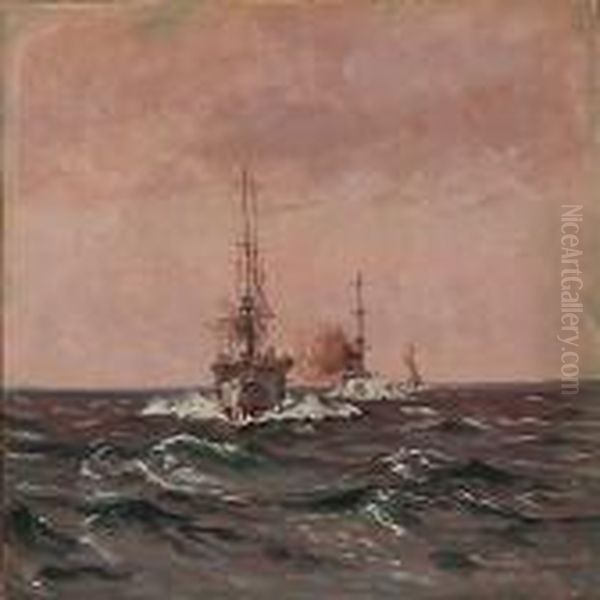 Seascape Fromt The Baltic Sea With Warships Oil Painting by Vilhelm Karl Ferd. Arnesen