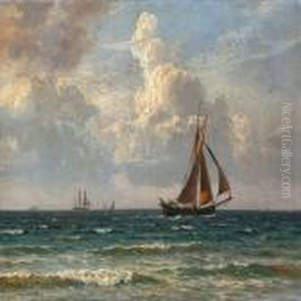 Seascape With Sailing Ships On Open Sea Oil Painting by Vilhelm Karl Ferd. Arnesen