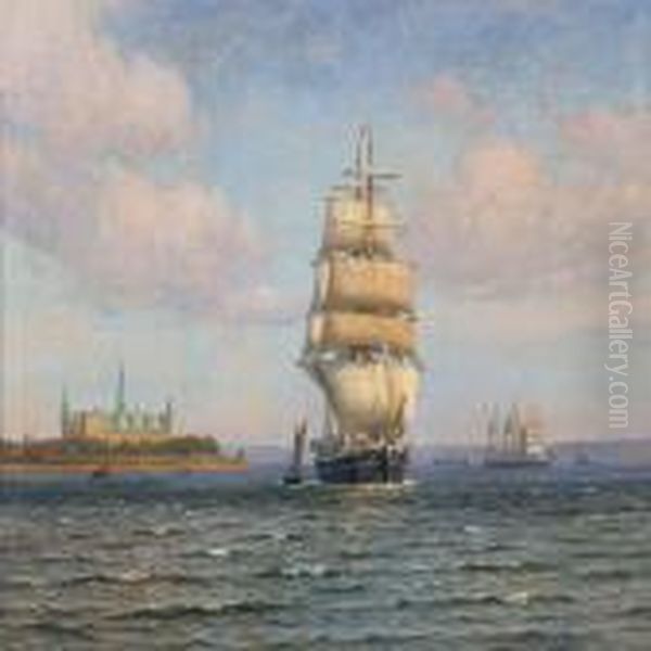 Seascape With Sailing Ships Near Kronborg Castle Oil Painting by Vilhelm Karl Ferd. Arnesen