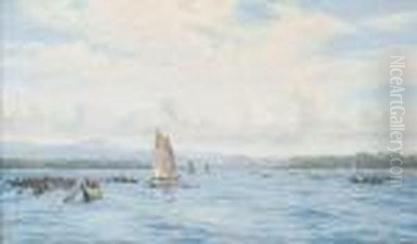 Fishing Boats With Outriggers, Ceylon Oil Painting by Vilhelm Karl Ferd. Arnesen