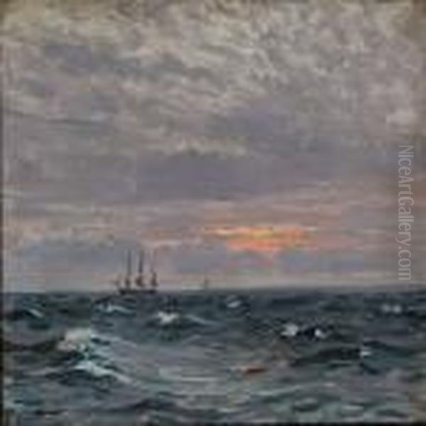 Seascape With Sunset Oil Painting by Vilhelm Karl Ferd. Arnesen