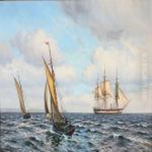 Seascape With The Frigate Jylland And Sailing Ships In Thegreat Sound Oil Painting by Vilhelm Karl Ferd. Arnesen