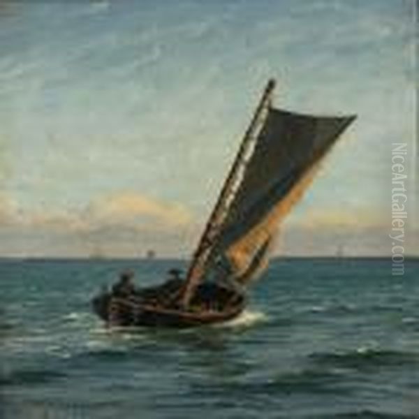 Seascape With Two Fishermen In A Sailing Boat Oil Painting by Vilhelm Karl Ferd. Arnesen