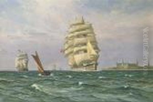 A Danish Windjammer In The Sound Off Kronborg Castle Oil Painting by Vilhelm Karl Ferd. Arnesen